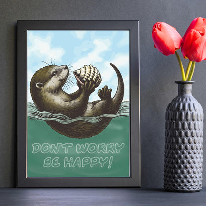 Otter Painting A4 Print, High Quality Wall Art, Home Bar Funny Poster, Quirky Decor, Don't Worry Be Happy, Secret Santa, Cute Otter Gift