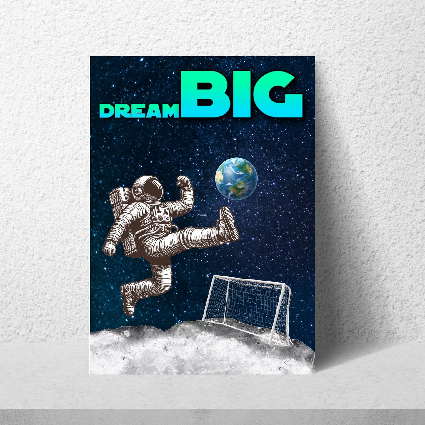 Space Football A4 Print, High Quality Wall Art, Home Bar Funny Poster, Quirky Decor, Moon Print, Secret Santa, Dream Big.