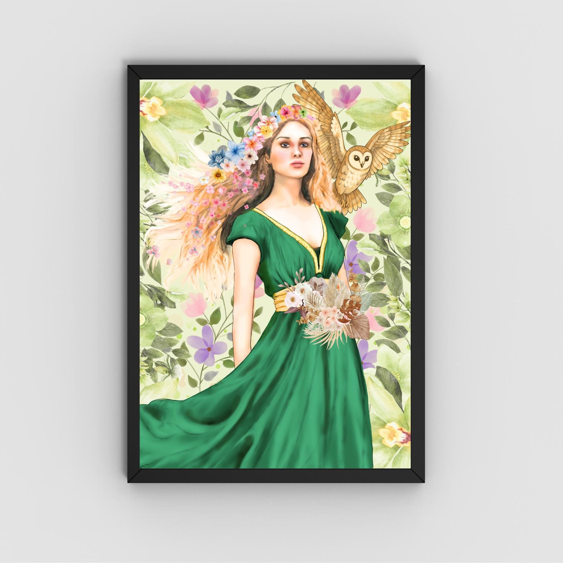 Mabinogion Blodeuwedd Poster Print, Original Artwork, A4 Giclée Wall Art, Celtic Goddess