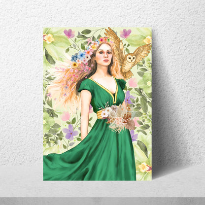 Mabinogion Blodeuwedd Poster Print, Original Artwork, A4 Giclée Wall Art, Celtic Goddess