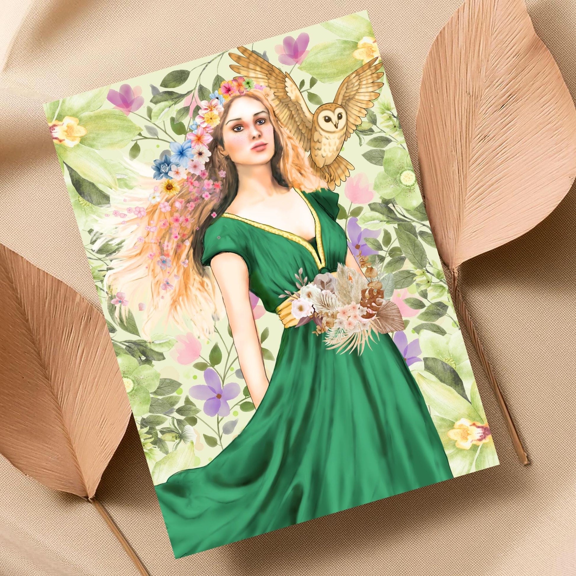 Mabinogion Blodeuwedd Poster Print, Original Artwork, A4 Giclée Wall Art, Celtic Goddess