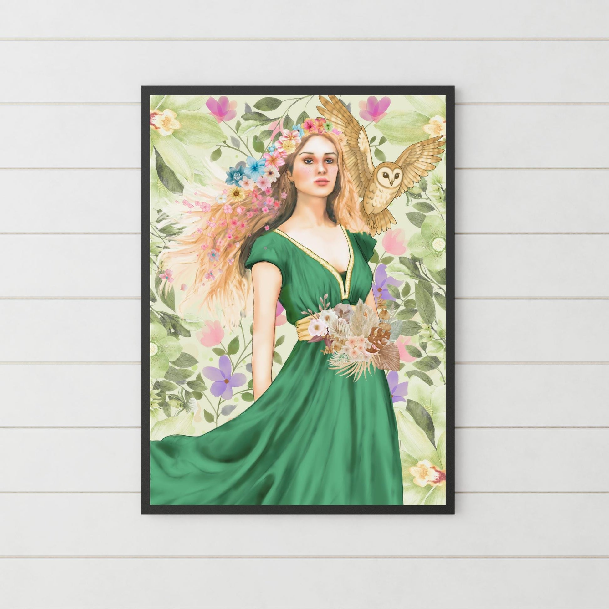 Mabinogion Blodeuwedd Poster Print, Original Artwork, A4 Giclée Wall Art, Celtic Goddess