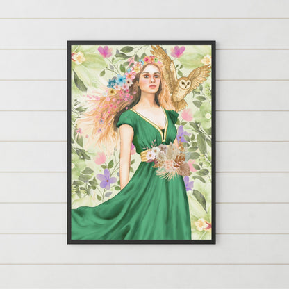 Mabinogion Blodeuwedd Poster Print, Original Artwork, A4 Giclée Wall Art, Celtic Goddess