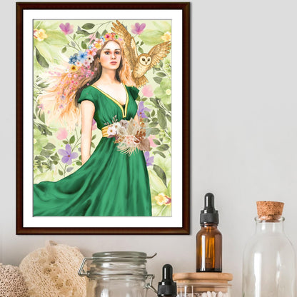Mabinogion Blodeuwedd Poster Print, Original Artwork, A4 Giclée Wall Art, Celtic Goddess