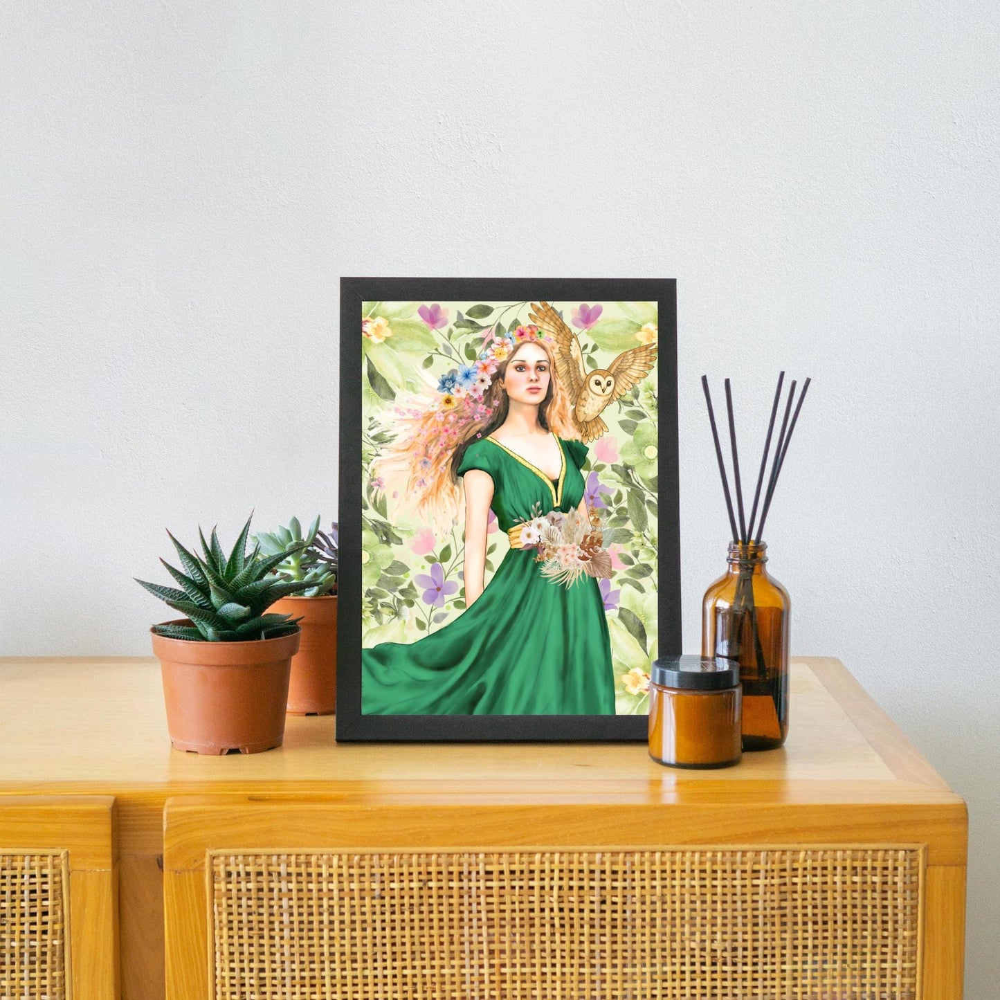 Mabinogion Blodeuwedd Poster Print, Original Artwork, A4 Giclée Wall Art, Celtic Goddess