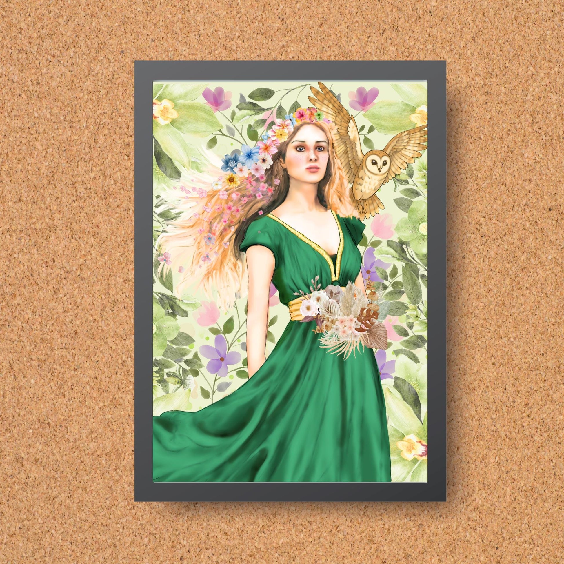 Mabinogion Blodeuwedd Poster Print, Original Artwork, A4 Giclée Wall Art, Celtic Goddess