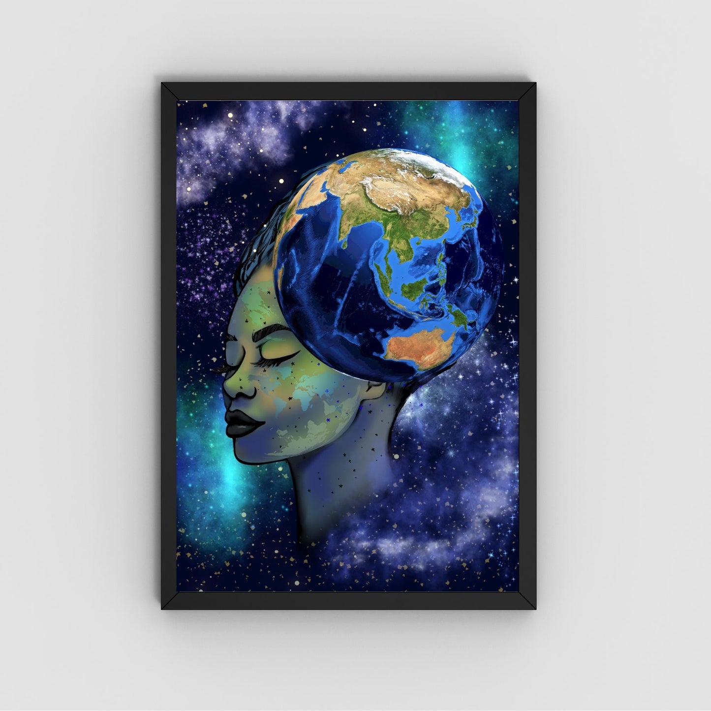 Galaxy Mother Earth Original Artwork, Quirky Wall Art, A4 Poster Print, Pagan, Celestial Wiccan
