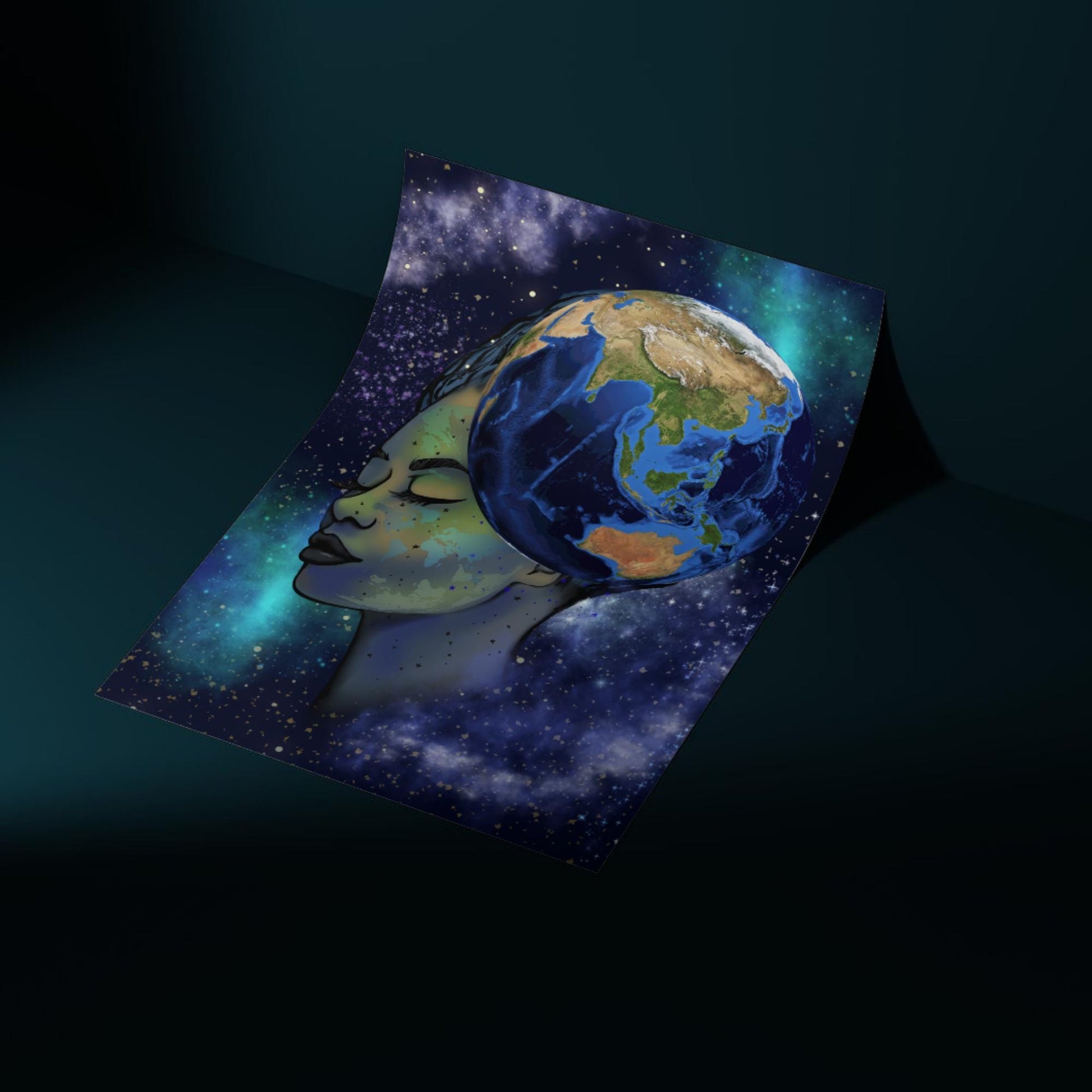 Galaxy Mother Earth Original Artwork, Quirky Wall Art, A4 Poster Print, Pagan, Celestial Wiccan