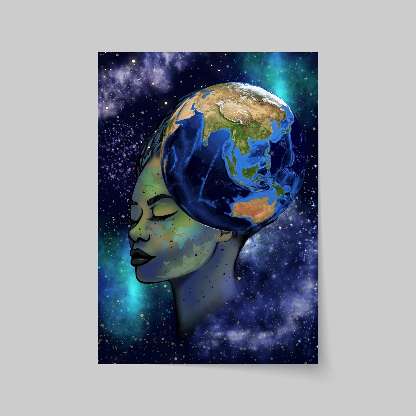 Galaxy Mother Earth Original Artwork, Quirky Wall Art, A4 Poster Print, Pagan, Celestial Wiccan