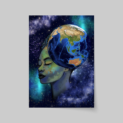 Galaxy Mother Earth Original Artwork, Quirky Wall Art, A4 Poster Print, Pagan, Celestial Wiccan