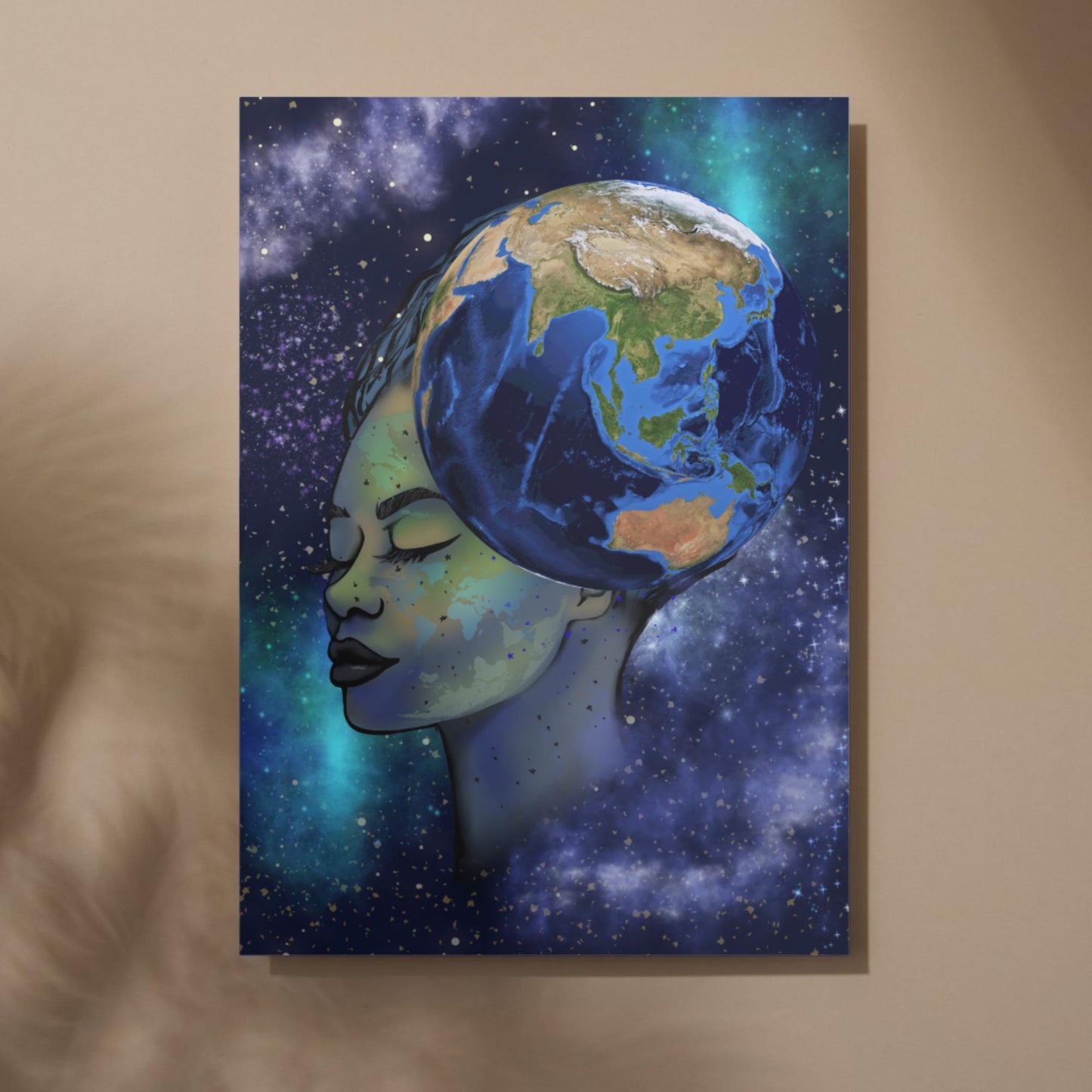 Galaxy Mother Earth Original Artwork, Quirky Wall Art, A4 Poster Print, Pagan, Celestial Wiccan