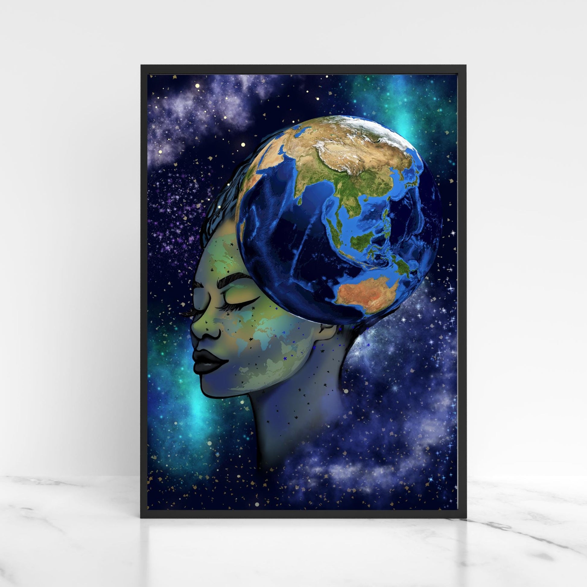 Galaxy Mother Earth Original Artwork, Quirky Wall Art, A4 Poster Print, Pagan, Celestial Wiccan