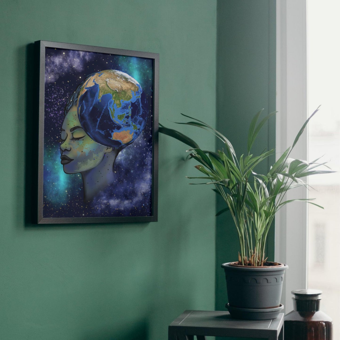 Galaxy Mother Earth Original Artwork, Quirky Wall Art, A4 Poster Print, Pagan, Celestial Wiccan