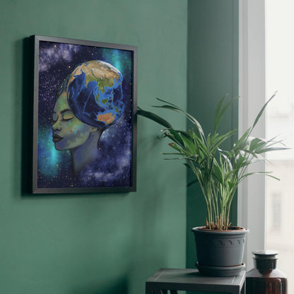 Galaxy Mother Earth Original Artwork, Quirky Wall Art, A4 Poster Print, Pagan, Celestial Wiccan