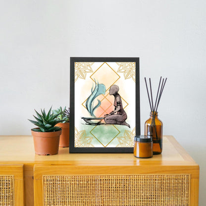 Illustration of a figure kneeling next to a bowl with steam coming out of it, against a decorative background.