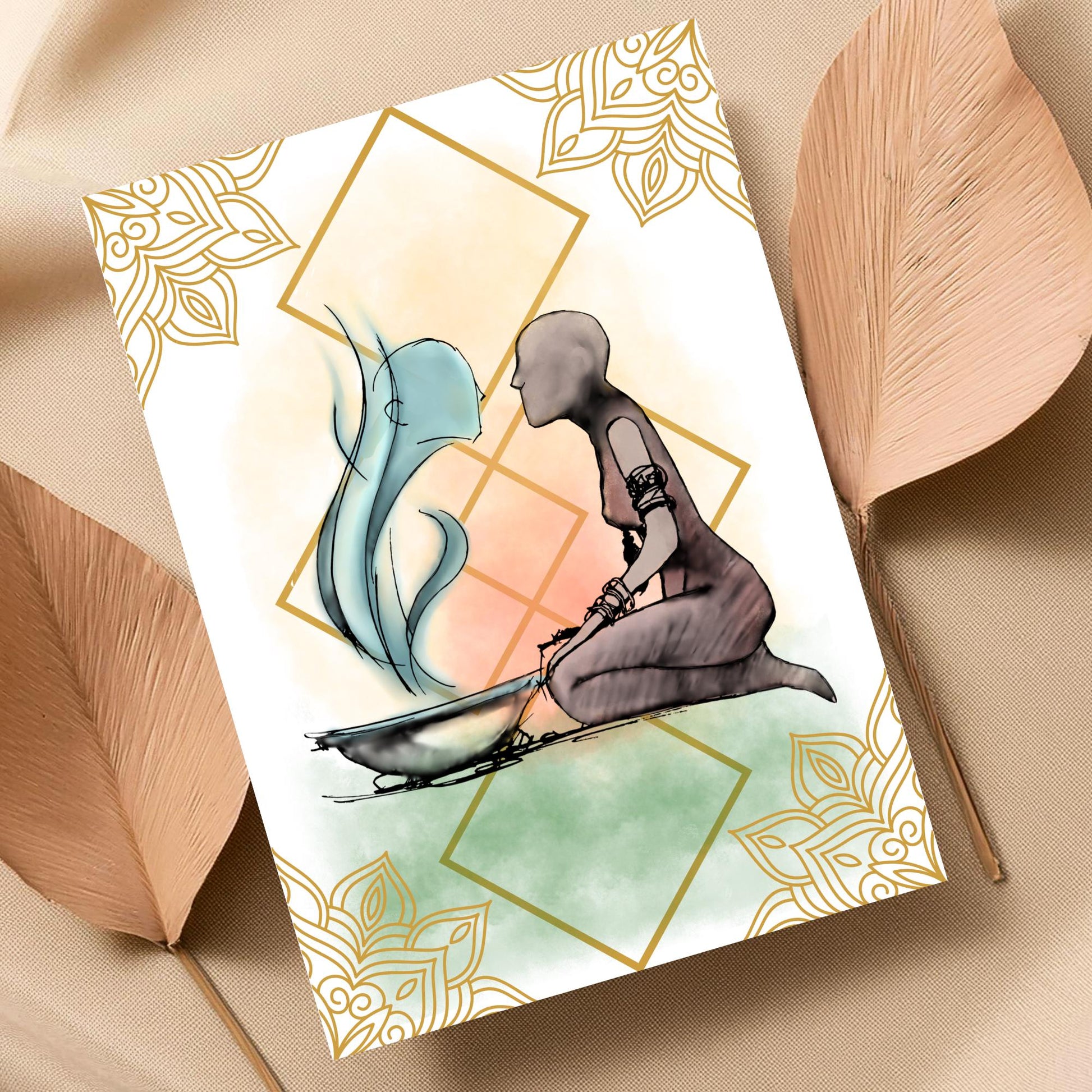 Illustration of a figure kneeling next to a bowl with steam coming out of it, against a decorative background.