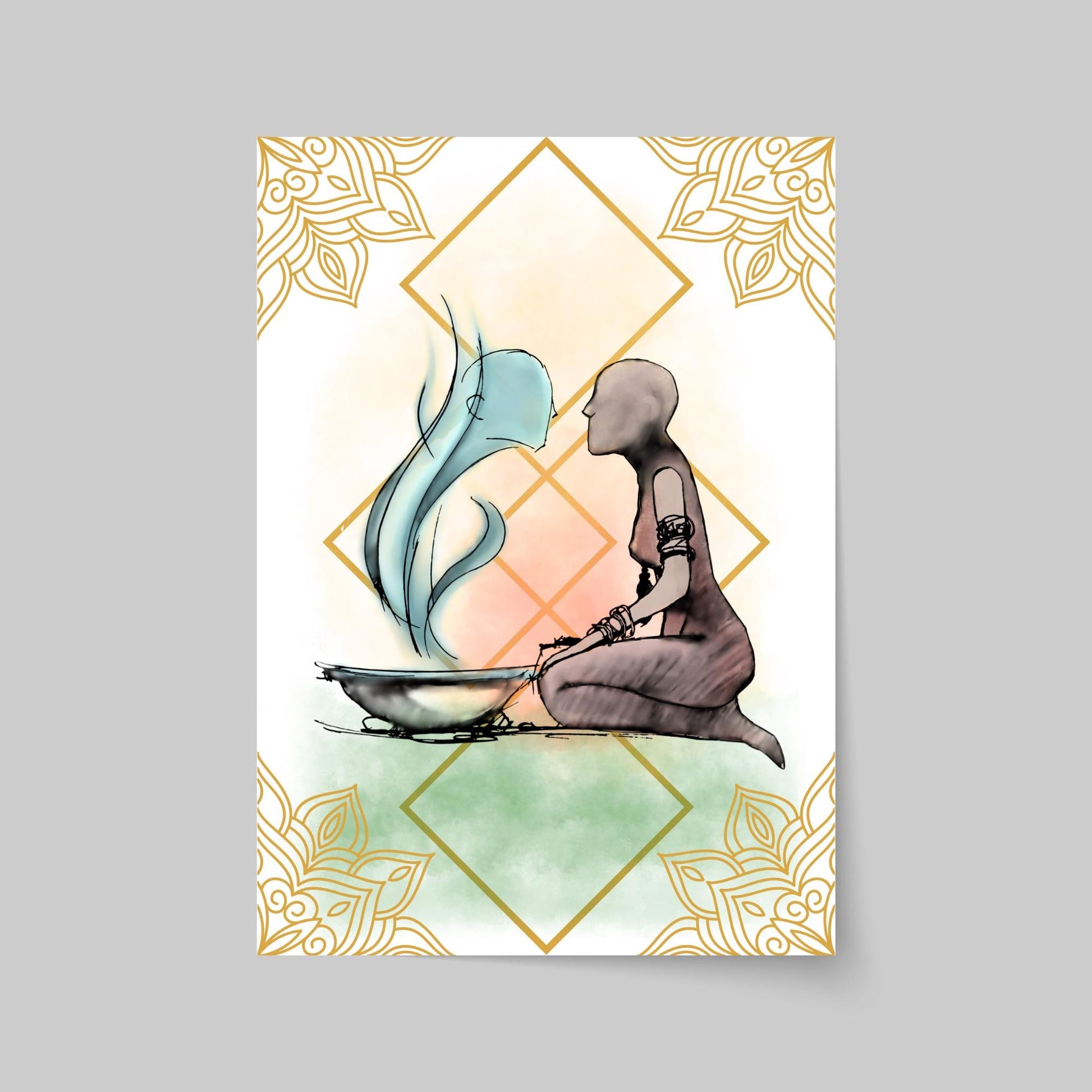 Illustration of a figure kneeling next to a bowl with steam coming out of it, against a decorative background.