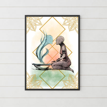 Illustration of a figure kneeling next to a bowl with steam coming out of it, against a decorative background.