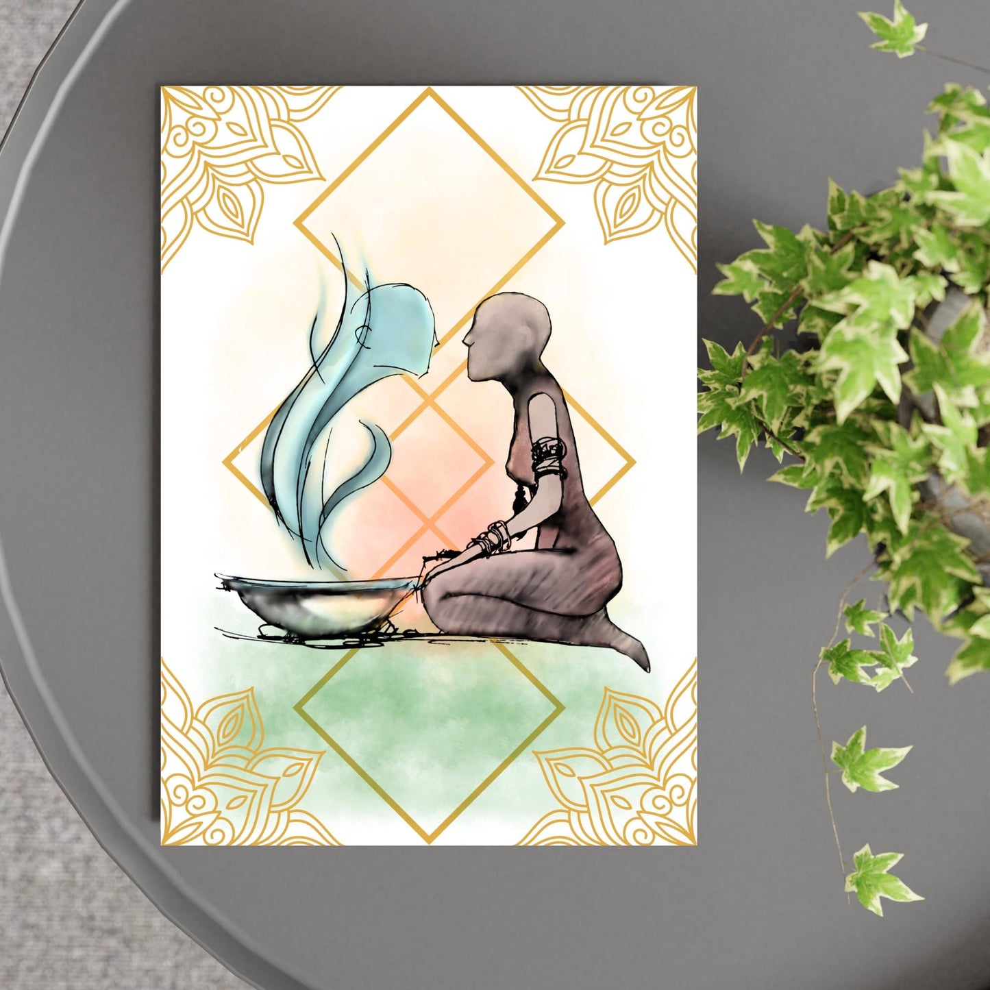 Illustration of a figure kneeling next to a bowl with steam coming out of it, against a decorative background.