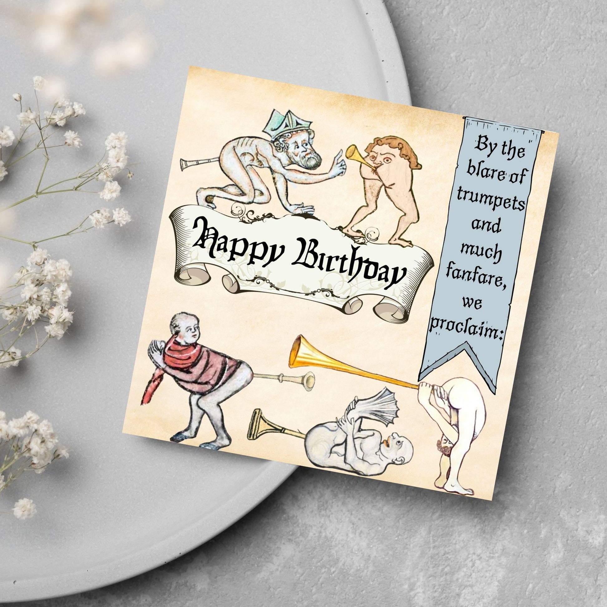 Medieval Butt Trumpet Birthday Card, Funny Marginalia Card, Rude Birthday Card for Friend, For Brother, For Sister