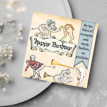 Medieval Butt Trumpet Birthday Card, Funny Marginalia Card, Rude Birthday Card for Friend, For Brother, For Sister