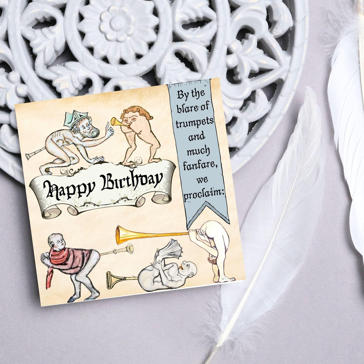 Medieval Butt Trumpet Birthday Card, Funny Marginalia Card, Rude Birthday Card for Friend, For Brother, For Sister