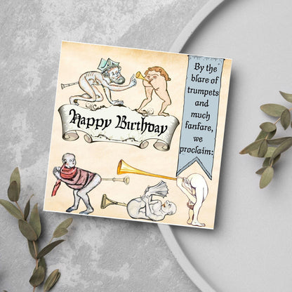 Medieval Butt Trumpet Birthday Card, Funny Marginalia Card, Rude Birthday Card for Friend, For Brother, For Sister