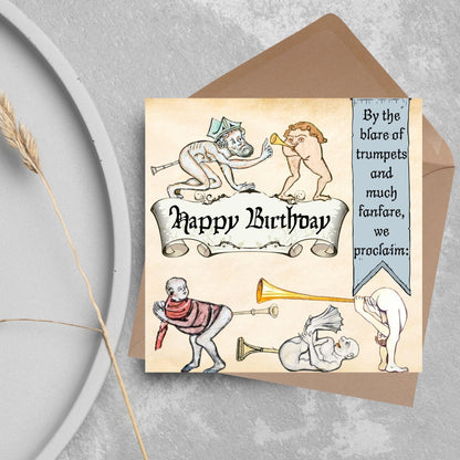 Medieval Butt Trumpet Birthday Card, Funny Marginalia Card, Rude Birthday Card for Friend, For Brother, For Sister