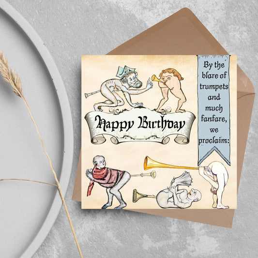 Medieval Butt Trumpet Birthday Card, Funny Marginalia Card, Rude Birthday Card for Friend, For Brother, For Sister