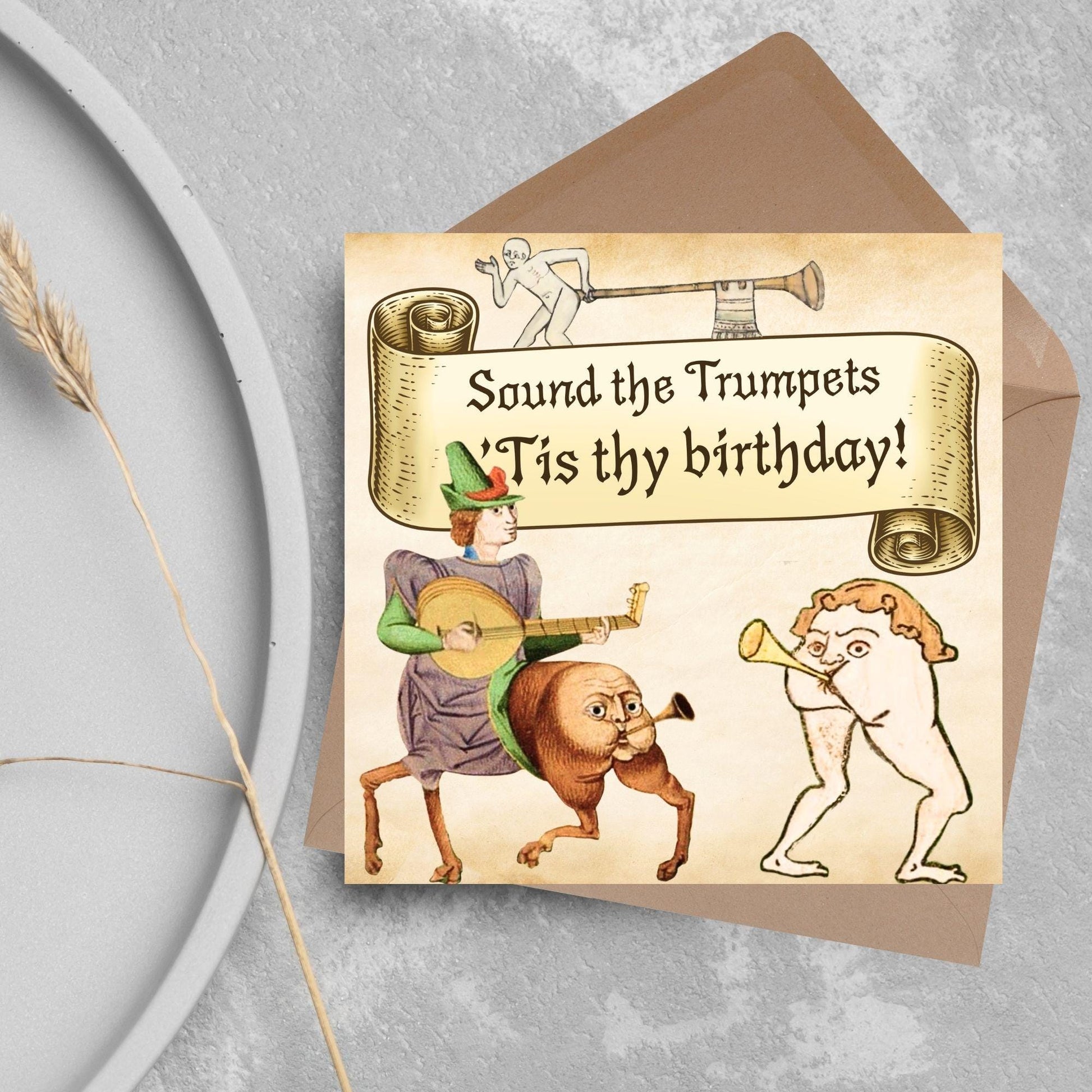 Medieval Butt Trumpet Birthday Card, Funny Marginalia Card, Rude Birthday Card for Friend, For Brother, For Sister