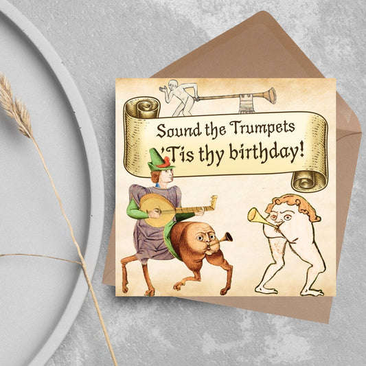 Medieval Butt Trumpet Birthday Card, Funny Marginalia Card, Rude Birthday Card for Friend, For Brother, For Sister