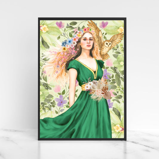 Mabinogion Blodeuwedd Poster Print, Original Artwork, A4 Giclée Wall Art, Celtic Goddess