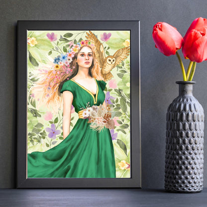 Mabinogion Blodeuwedd Poster Print, Original Artwork, A4 Giclée Wall Art, Celtic Goddess