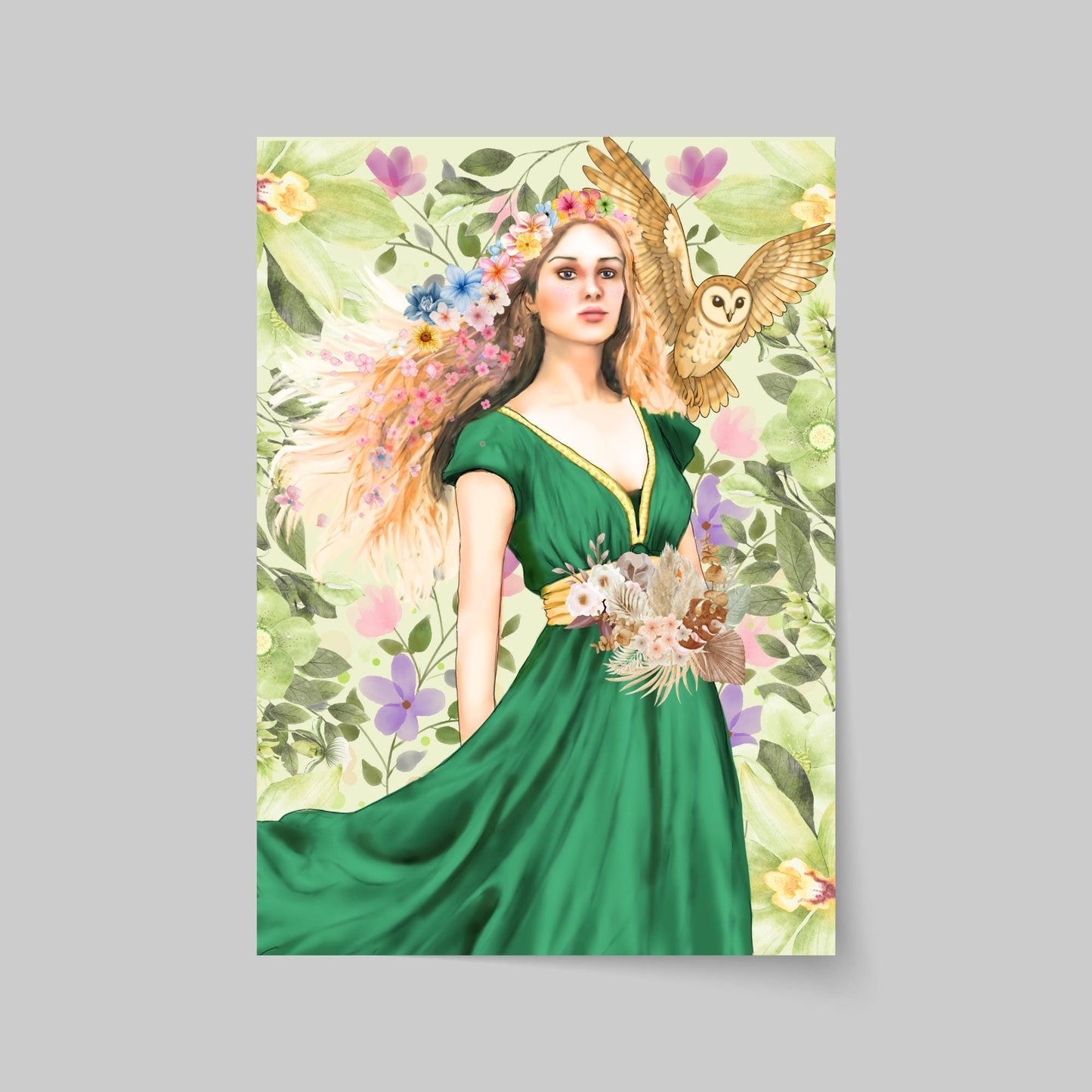 Mabinogion Blodeuwedd Poster Print, Original Artwork, A4 Giclée Wall Art, Celtic Goddess