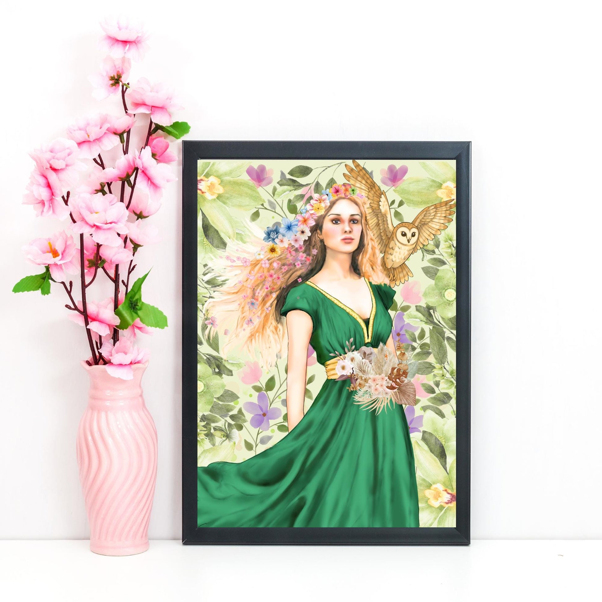 Mabinogion Blodeuwedd Poster Print, Original Artwork, A4 Giclée Wall Art, Celtic Goddess
