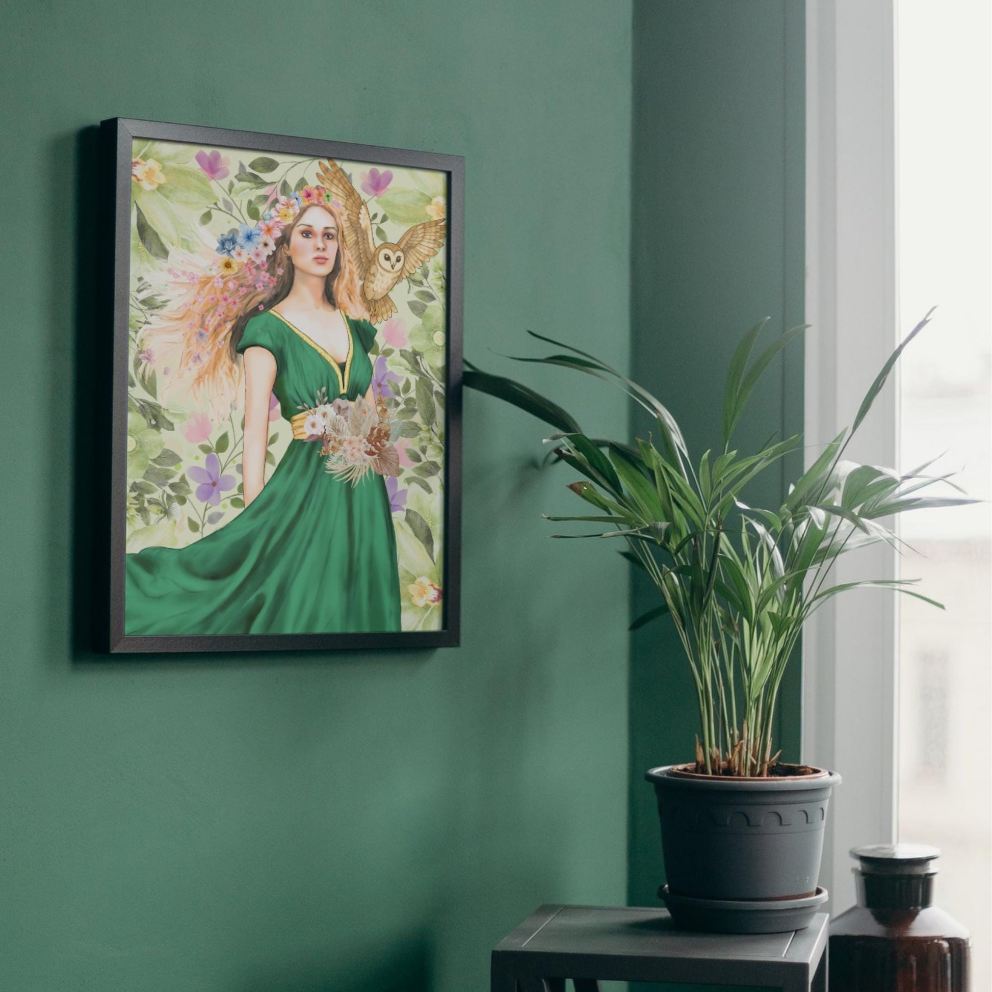 Mabinogion Blodeuwedd Poster Print, Original Artwork, A4 Giclée Wall Art, Celtic Goddess