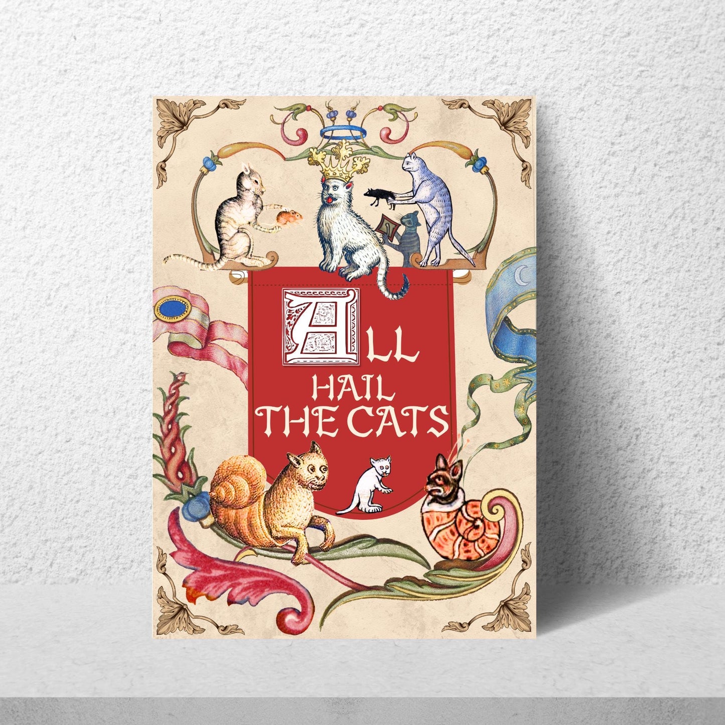 Medieval Cats A4 Print, Baroque Poster, Quirky Art, Funny Badly Drawn Cats Print, Gothic Home Decor,