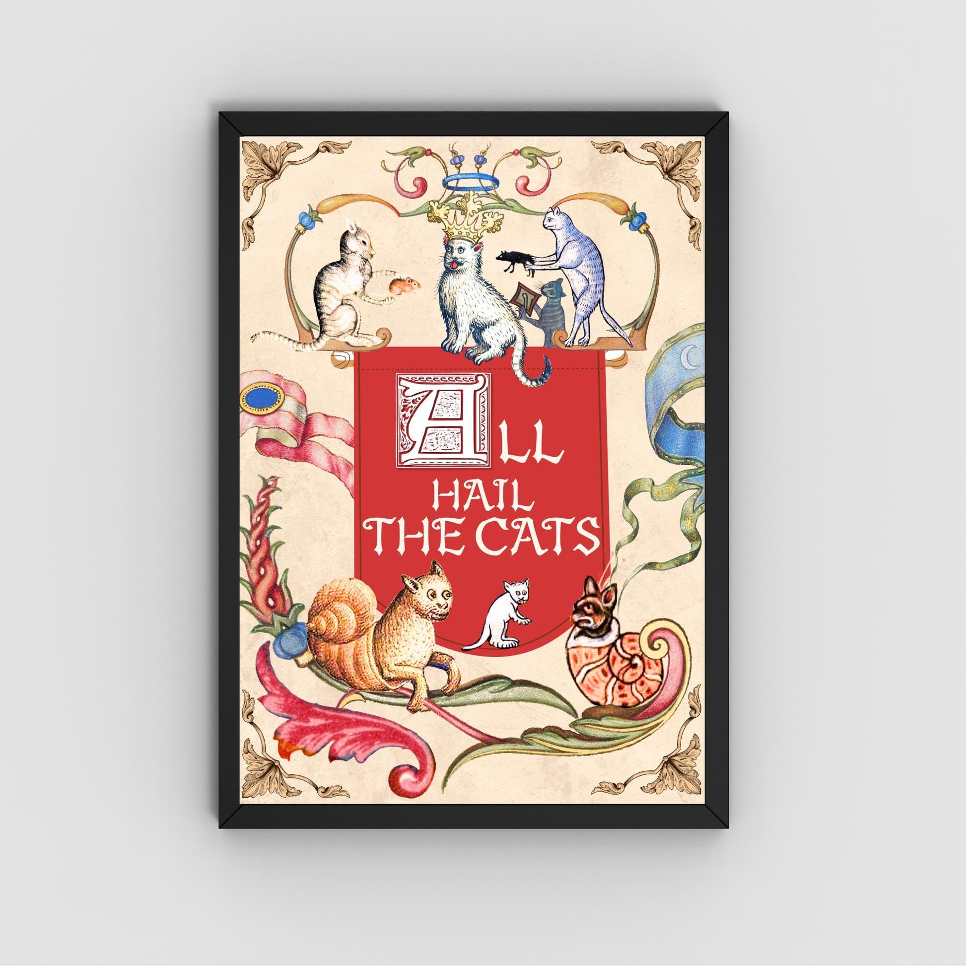 Medieval Cats A4 Print, Baroque Poster, Quirky Art, Funny Badly Drawn Cats Print, Gothic Home Decor,