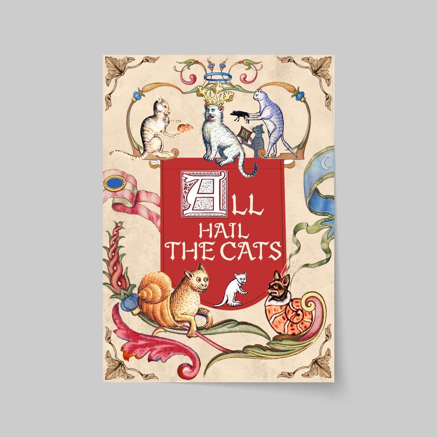 Medieval Cats A4 Print, Baroque Poster, Quirky Art, Funny Badly Drawn Cats Print, Gothic Home Decor,