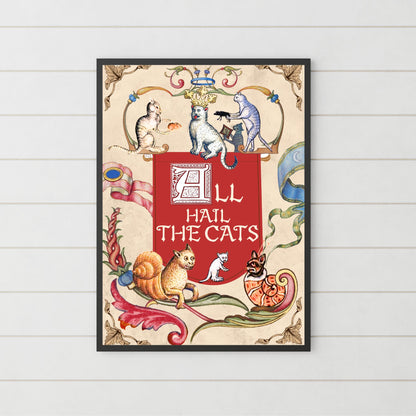 Medieval Cats A4 Print, Baroque Poster, Quirky Art, Funny Badly Drawn Cats Print, Gothic Home Decor,