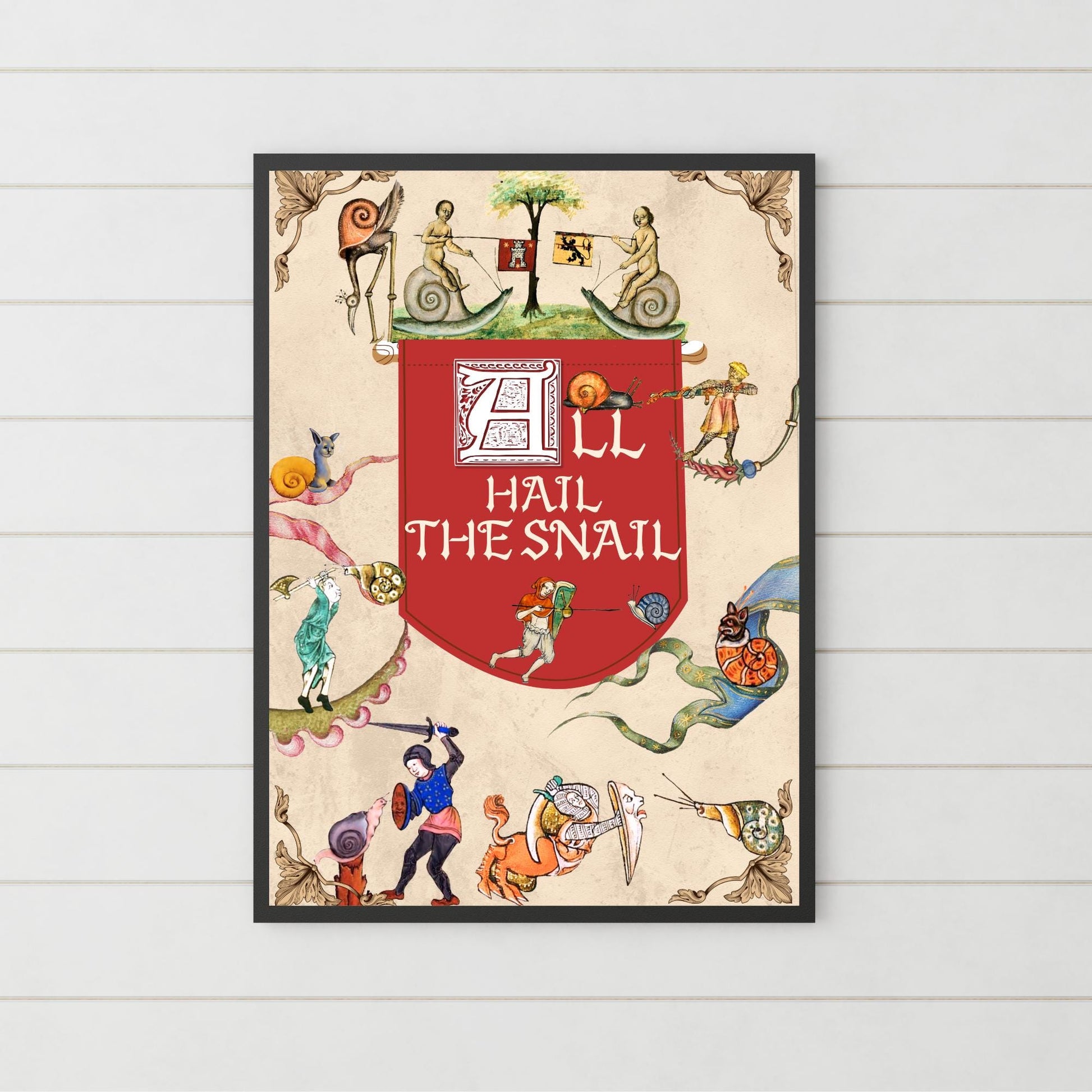 Medieval Snails A4 Print, Baroque Poster, Quirky Art, Funny Badly Drawn Snails Print, Gothic Home Decor, Marginalia