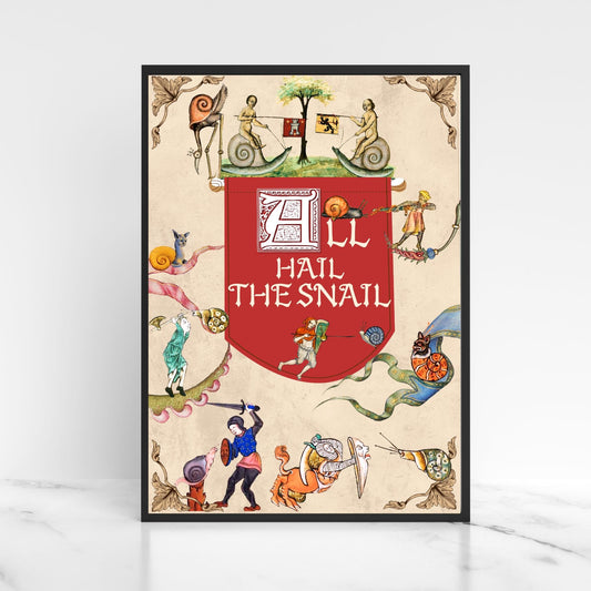 Medieval Snails A4 Print, Baroque Poster, Quirky Art, Funny Badly Drawn Snails Print, Gothic Home Decor, Marginalia