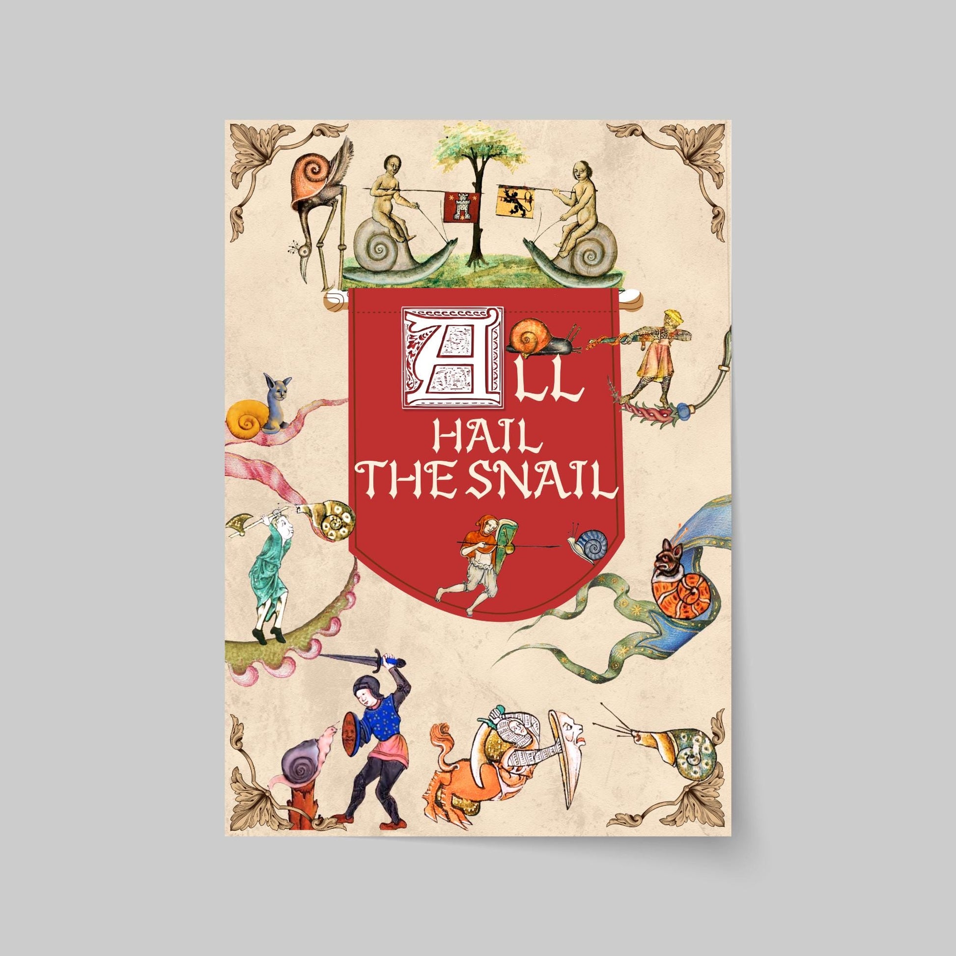 Medieval Snails A4 Print, Baroque Poster, Quirky Art, Funny Badly Drawn Snails Print, Gothic Home Decor, Marginalia