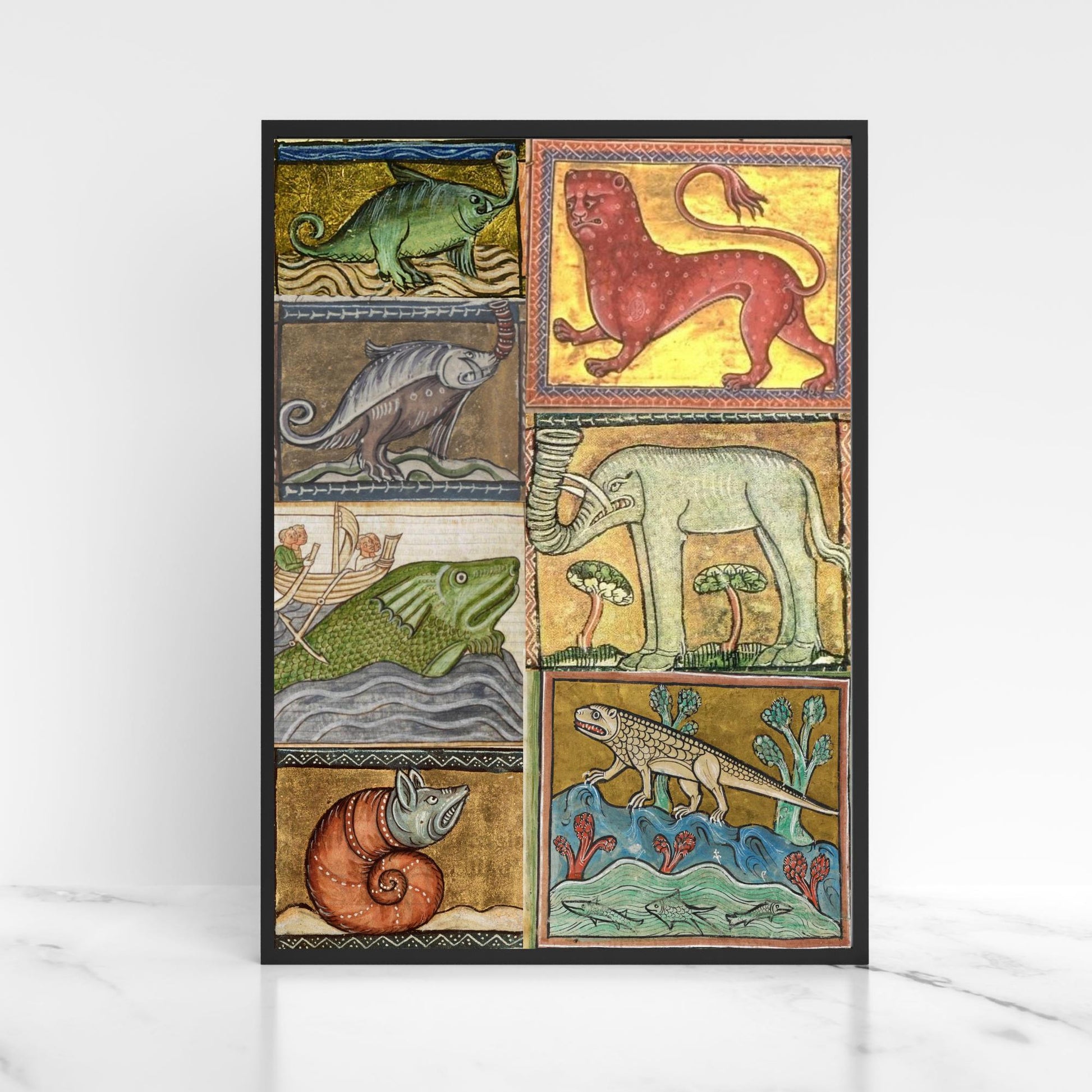 Medieval Animals A4 Print, Baroque Poster, Quirky Art, Funny Badly Drawn Animal Print, Gothic Home Decor, Marginalia