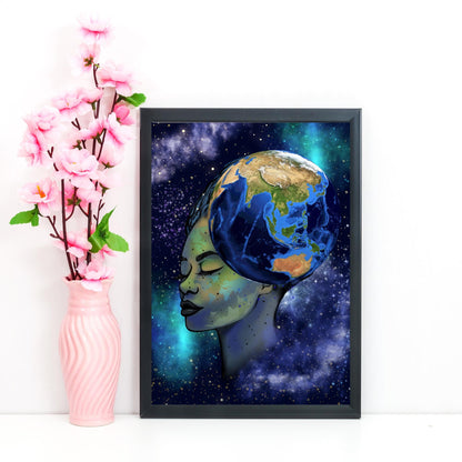 Galaxy Mother Earth Original Artwork, Quirky Wall Art, A4 Poster Print, Pagan, Celestial Wiccan