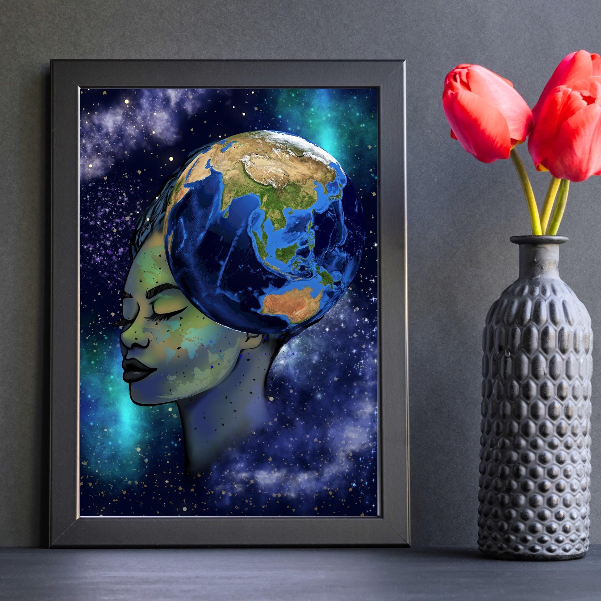 Galaxy Mother Earth Original Artwork, Quirky Wall Art, A4 Poster Print, Pagan, Celestial Wiccan