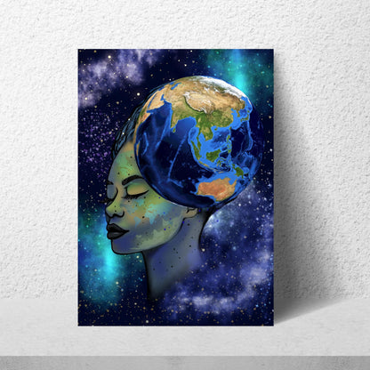 Galaxy Mother Earth Original Artwork, Quirky Wall Art, A4 Poster Print, Pagan, Celestial Wiccan