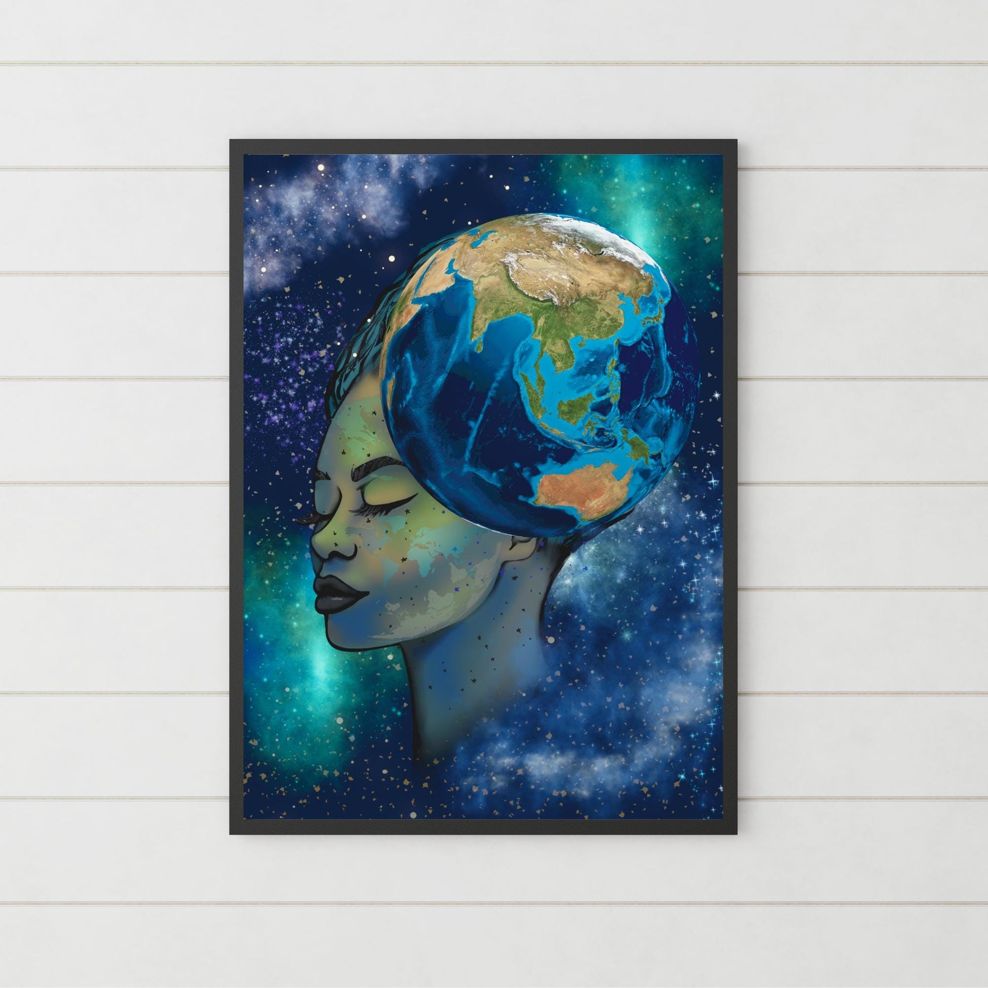 Galaxy Mother Earth Original Artwork, Quirky Wall Art, A4 Poster Print, Pagan, Celestial Wiccan