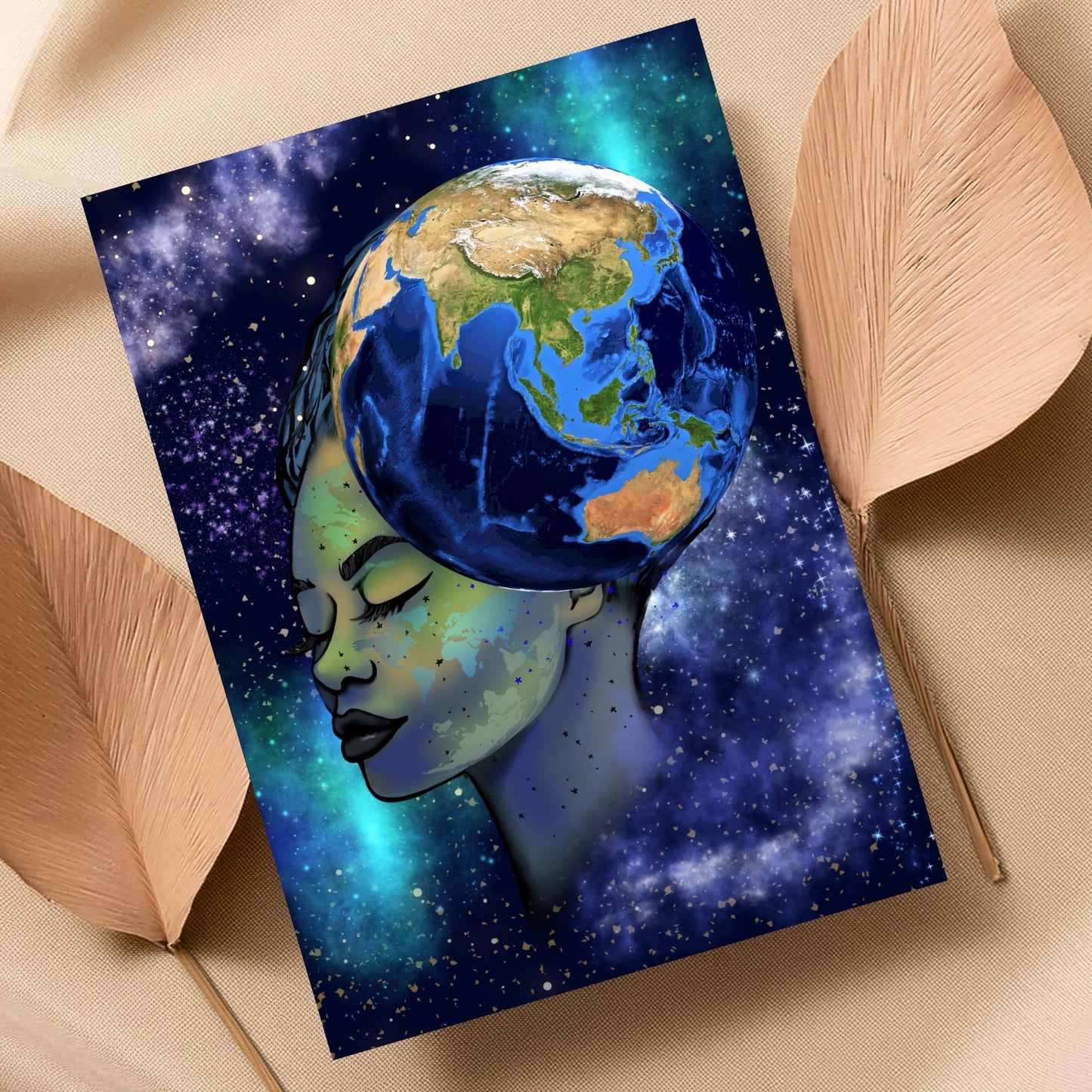 Galaxy Mother Earth Original Artwork, Quirky Wall Art, A4 Poster Print, Pagan, Celestial Wiccan