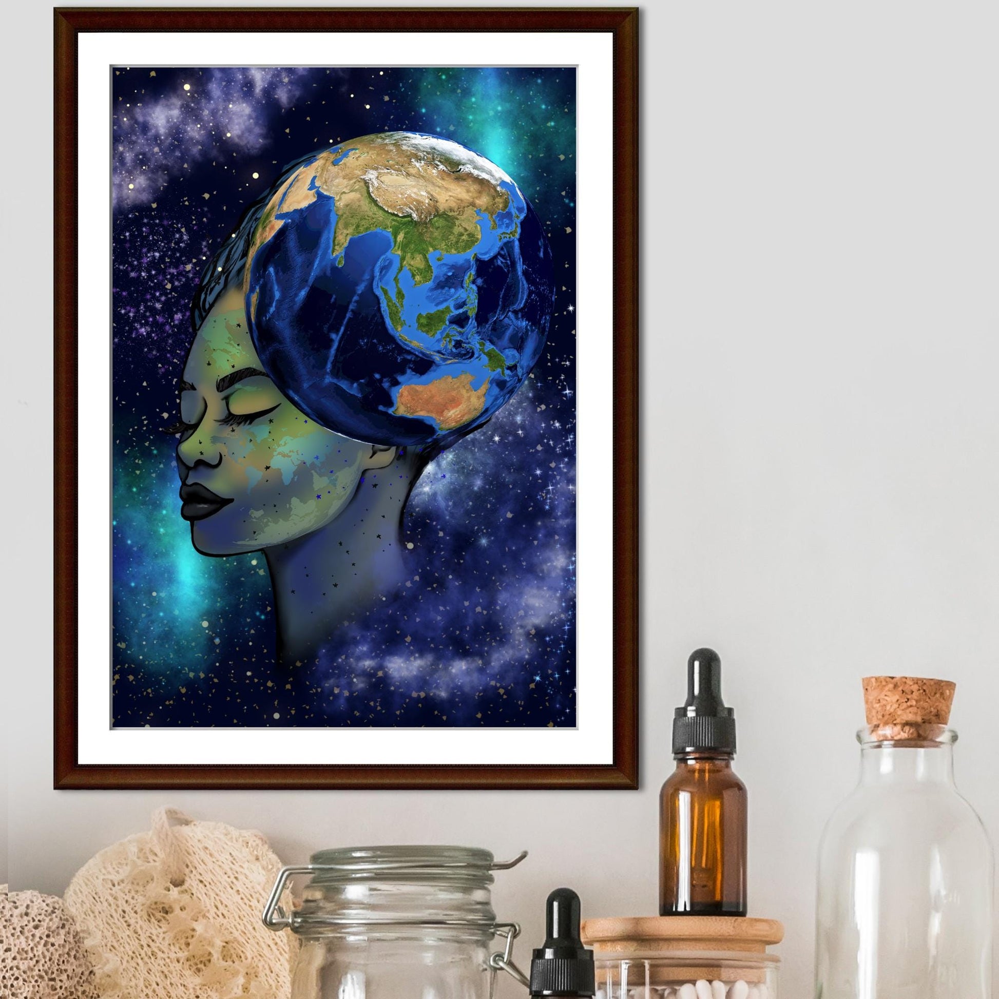 Galaxy Mother Earth Original Artwork, Quirky Wall Art, A4 Poster Print, Pagan, Celestial Wiccan
